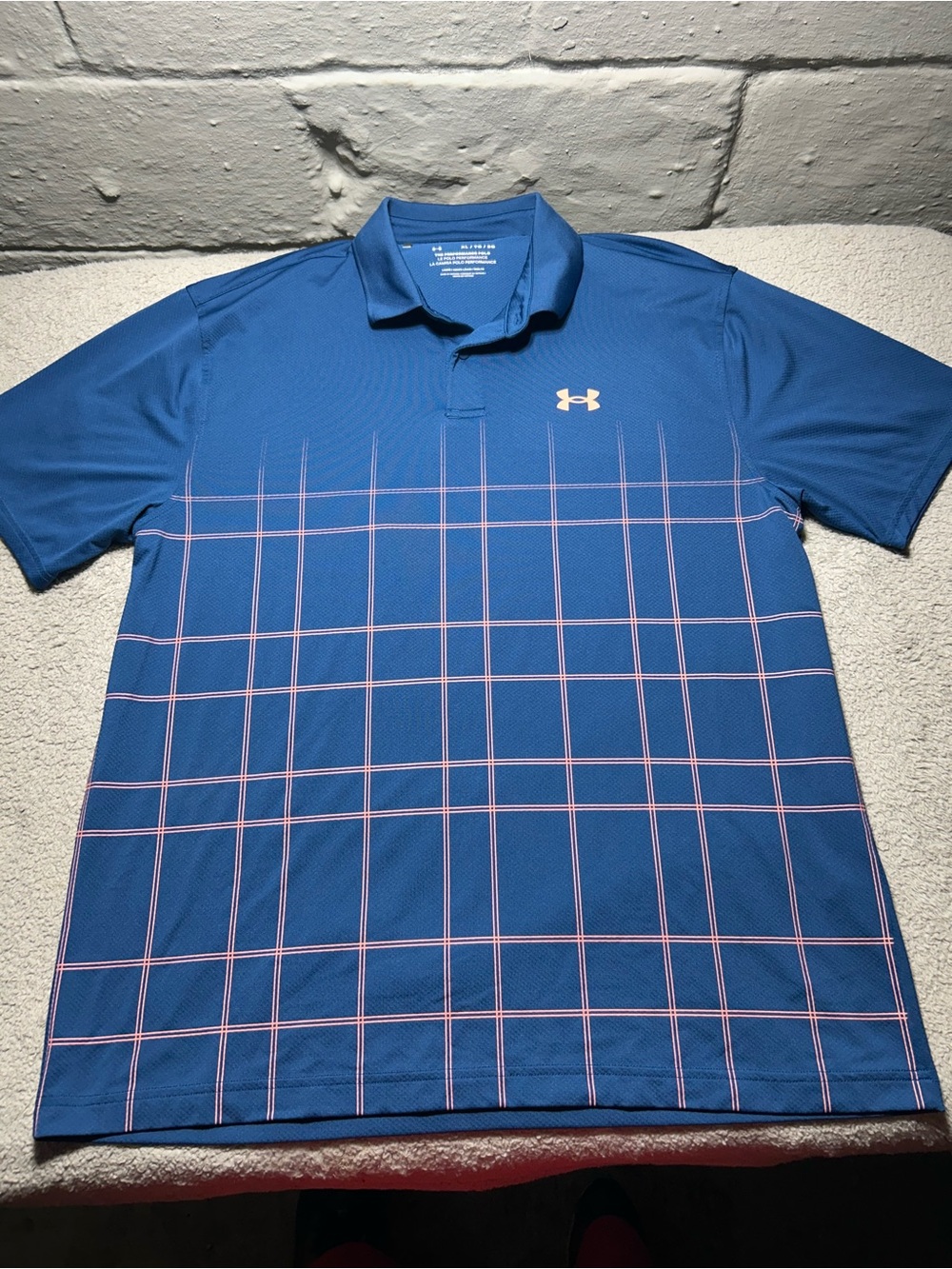 Under Armour Performance Polo Shirt Mens XL Blue Windowpane Plaid Golf Loose
